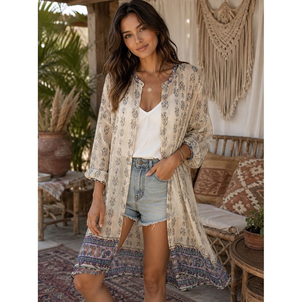 ZARA Sheer Floral Kimono Cardigan Boho Open Front Small/Medium -3112
